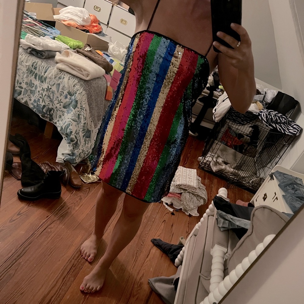 Rainbow striped disco sequins glitter mini dress - size large